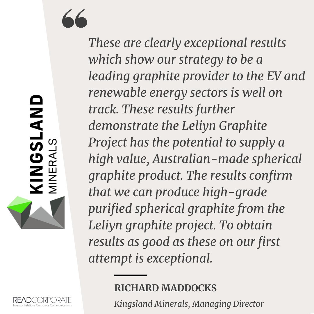ResourcesRisingStars (@rr_stars) on Twitter photo .<a href="/KingslandLtd/">Kingsland Minerals Ltd</a> unveils outstanding metallurgical results from its Leliyn graphite project in the NT, marking another milestone in its strategy to be a graphite supplier to the EV and renewable energy markets.
ow.ly/8O7550WJfgY
#KNG $KNG #Graphite #study #Leliyn .<a href="/KingslandLtd/">Kingsland Minerals Ltd</a> unveils outstanding metallurgical results from its Leliyn graphite project in the NT, marking another milestone in its strategy to be a graphite supplier to the EV and renewable energy markets.
ow.ly/8O7550WJfgY
#KNG $KNG #Graphite #study #Leliyn