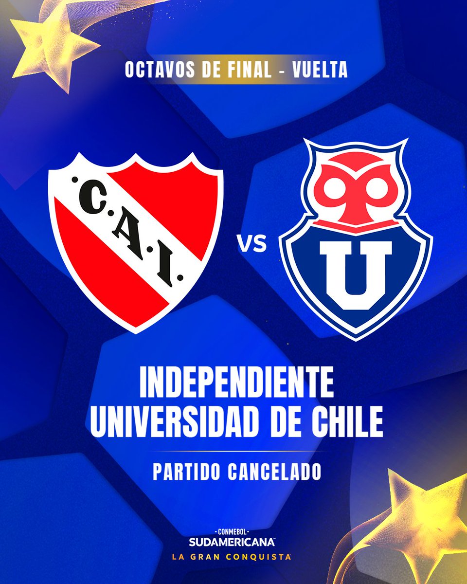 Sudamericana's tweet image. Partido cancelado entre Independiente y Universidad de Chile.
