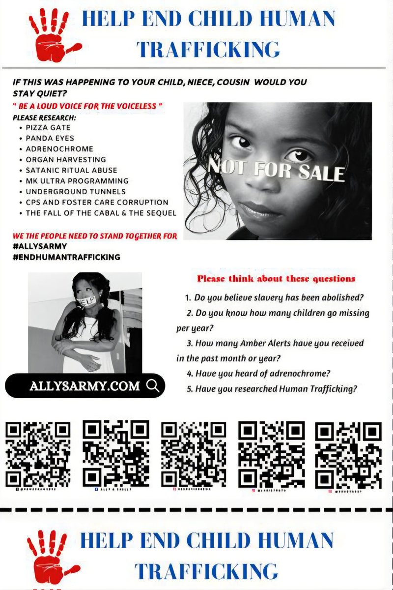 kseybert24's tweet image. 2,300 children are reported missing DAILY! YES, DAILY! Thats not including the ones that get lost in foster care, not reported and are undocumented. CHILDREN ARE NOT FOR SALE! HUMANS ARE NOT FOR SALE! We The People demand JUSTICE! #AllysArmy #endhumantrafficking