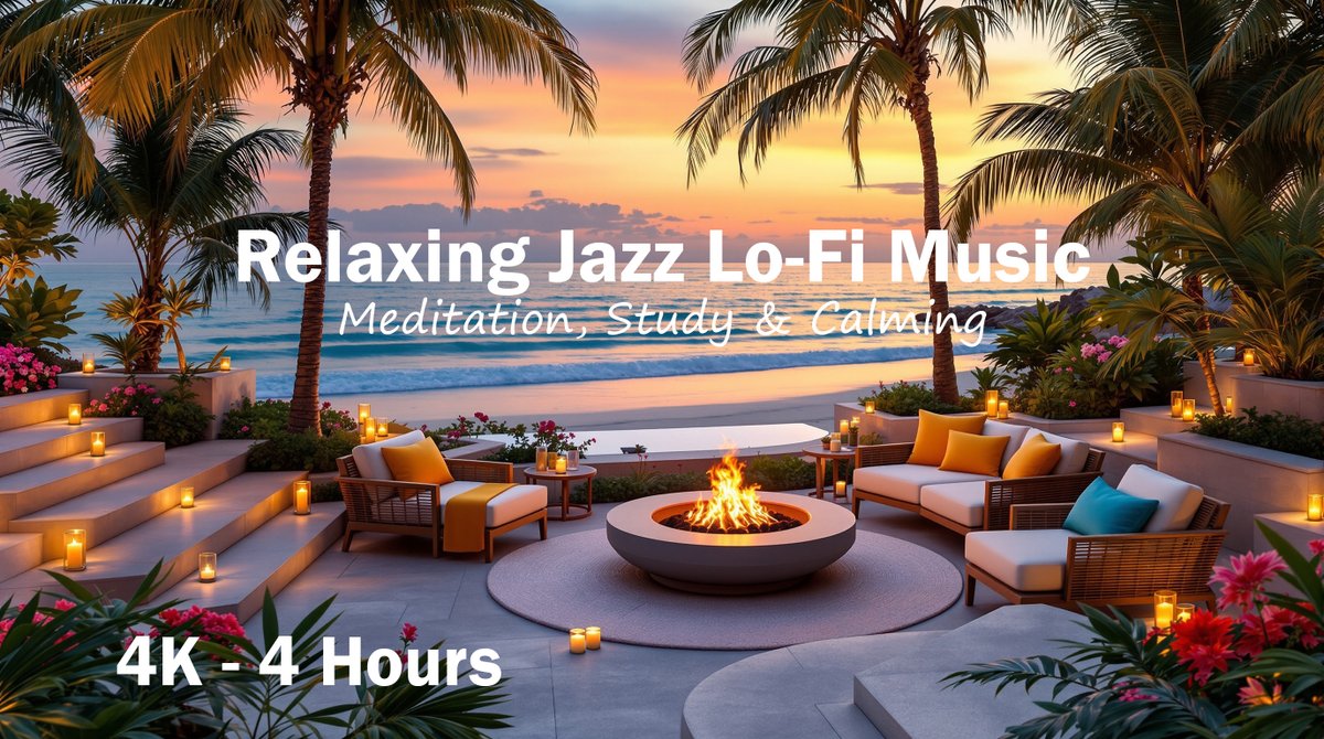 4K Sunset Ocean LoFi Jazz | 4 Hours Relaxing Background Music with Fireplace &amp; Candlelight  #music #relaxing #meditation #health #study #background #calming #musiclovers #lofi youtu.be/w_lgh3D3eUc