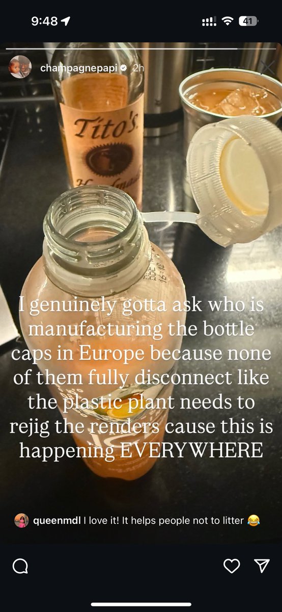 Drake is such a dumbass that he thinks the caps being connected to plastic bottles in Europe is a widespread factory malfunction