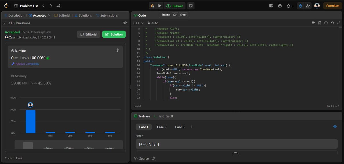 ZafarGayas3101's tweet image. 📌 Day 24 &amp;amp; 25 (Late Post):
✅ LeetCode 700 – Search in BST
✅ LeetCode 701 – Insert in BST
✅ Revised DBMS fundamentals
Balancing DSA + Core CS to build a solid foundation 🚀
Consistency &amp;gt; Intensity.
#DSA #LeetCode #DBMS #100DaysOfCode #CodingJourney #CodeNewbie #Programming