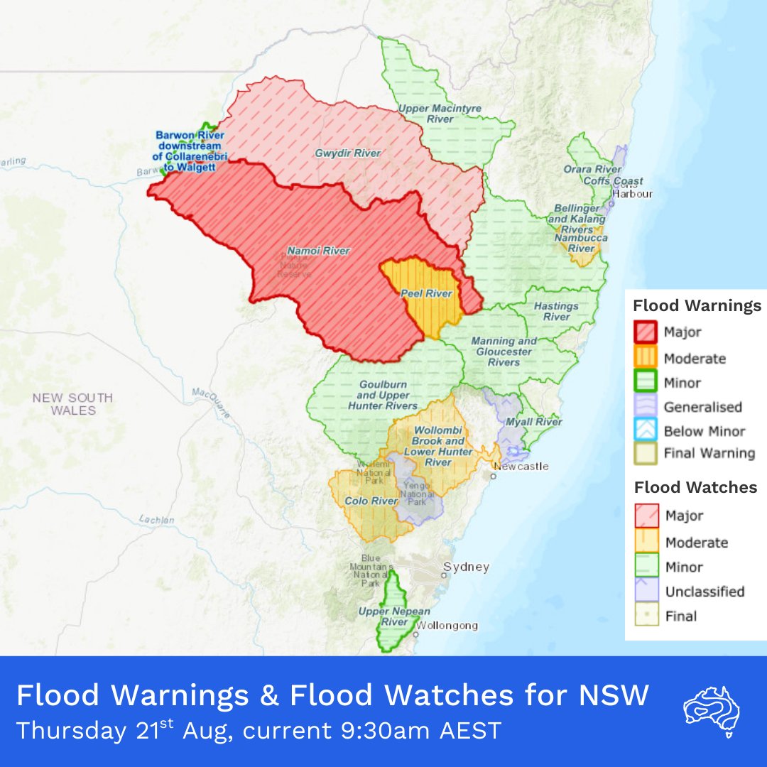 BOM_au's tweet photo. ⚠️ A #MajorFloodWarning is current for the #NamoiRiver & #ModerateFloodWarning for the #PeelRiver including at #Tamworth, #Manilla, #CarrollGap, #Gunnedah & #Goangra. More areas have Minor Flood Warnings & Flood Watches current.
Check the latest warnings: https://t.co/wa0JF8WNWj https://t.co/6ZteZniNTz
