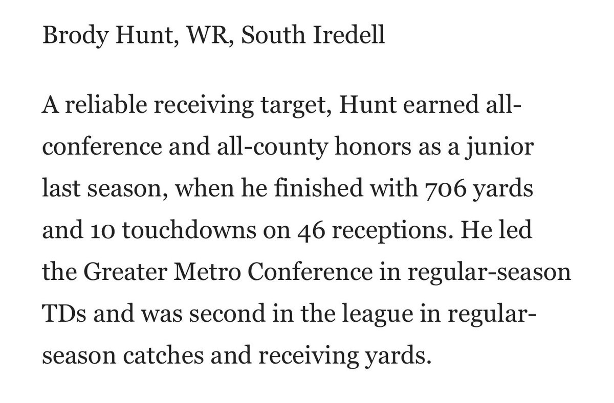 Brody Hunt (@brody_hunt2026) on Twitter photo Players to watch in Iredell County!
Thank you <a href="/statesville/">Record and Landmark</a>.
Ready for a big senior season🔥🏈 #4 is locked in! 💪🚀
<a href="/mfarrellsports/">Mike Farrell</a> <a href="/Gm4Sports/">Greater Metro 4 Conference</a> <a href="/pepman704/">Matt Morrow</a> <a href="/whelms21/">Will Helms</a> <a href="/PrepRedzoneNC/">Prep Redzone North Carolina</a> <a href="/NPCSportsNC/">NorthPiedmontConf</a> <a href="/ChrisHughesCP/">Chris Hughes</a> <a href="/nchssportspage/">NC HIGHSCHOOL SPORTS PAGE</a> <a href="/SportPrepX/">SportPrepX</a> <a href="/THEPLATFORMDR/">THE PLATFORM</a> <a href="/CSAPrepStar/">PREPSTAR</a> Players to watch in Iredell County!
Thank you <a href="/statesville/">Record and Landmark</a>.
Ready for a big senior season🔥🏈 #4 is locked in! 💪🚀
<a href="/mfarrellsports/">Mike Farrell</a> <a href="/Gm4Sports/">Greater Metro 4 Conference</a> <a href="/pepman704/">Matt Morrow</a> <a href="/whelms21/">Will Helms</a> <a href="/PrepRedzoneNC/">Prep Redzone North Carolina</a> <a href="/NPCSportsNC/">NorthPiedmontConf</a> <a href="/ChrisHughesCP/">Chris Hughes</a> <a href="/nchssportspage/">NC HIGHSCHOOL SPORTS PAGE</a> <a href="/SportPrepX/">SportPrepX</a> <a href="/THEPLATFORMDR/">THE PLATFORM</a> <a href="/CSAPrepStar/">PREPSTAR</a>