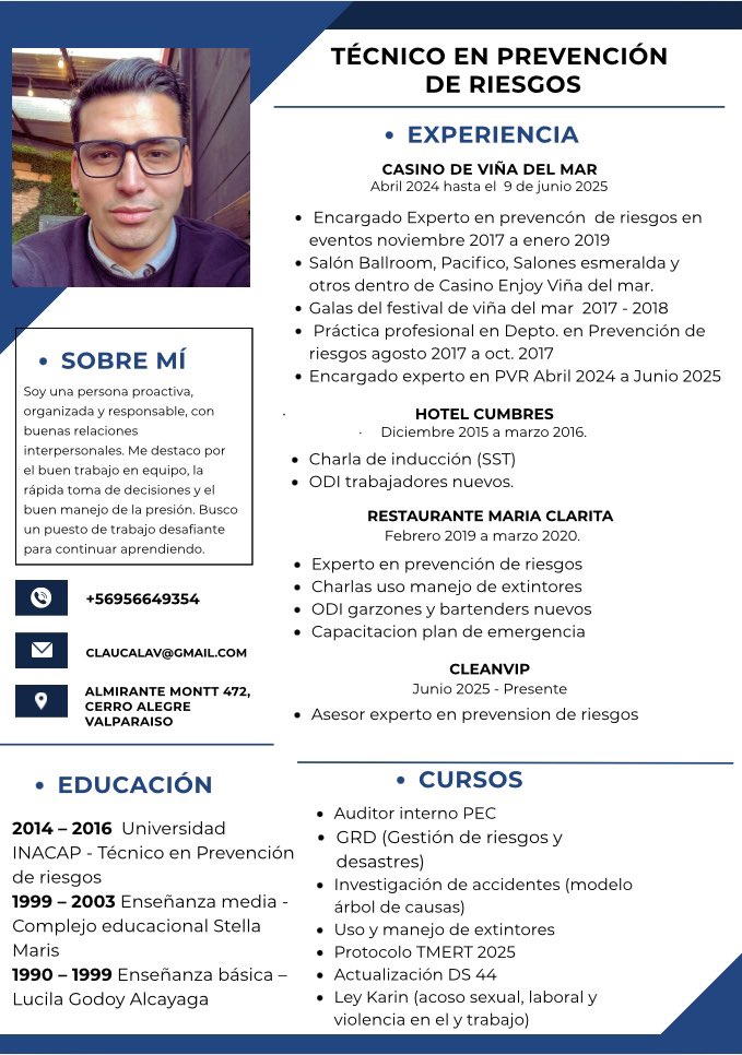 ELCALDERA2's tweet photo. Busco nuevas oportunidades laborales como Técnico en Prevención de Riesgos.
Cuento con experiencia en supervisión en terreno, capacitaciones, gestión preventiva y cumplimiento normativo.
Comprometido, proactivo y con disponibilidad inmediata.
Adjunto mi CV, quedo atento. https://t.co/qBjmiIioCA