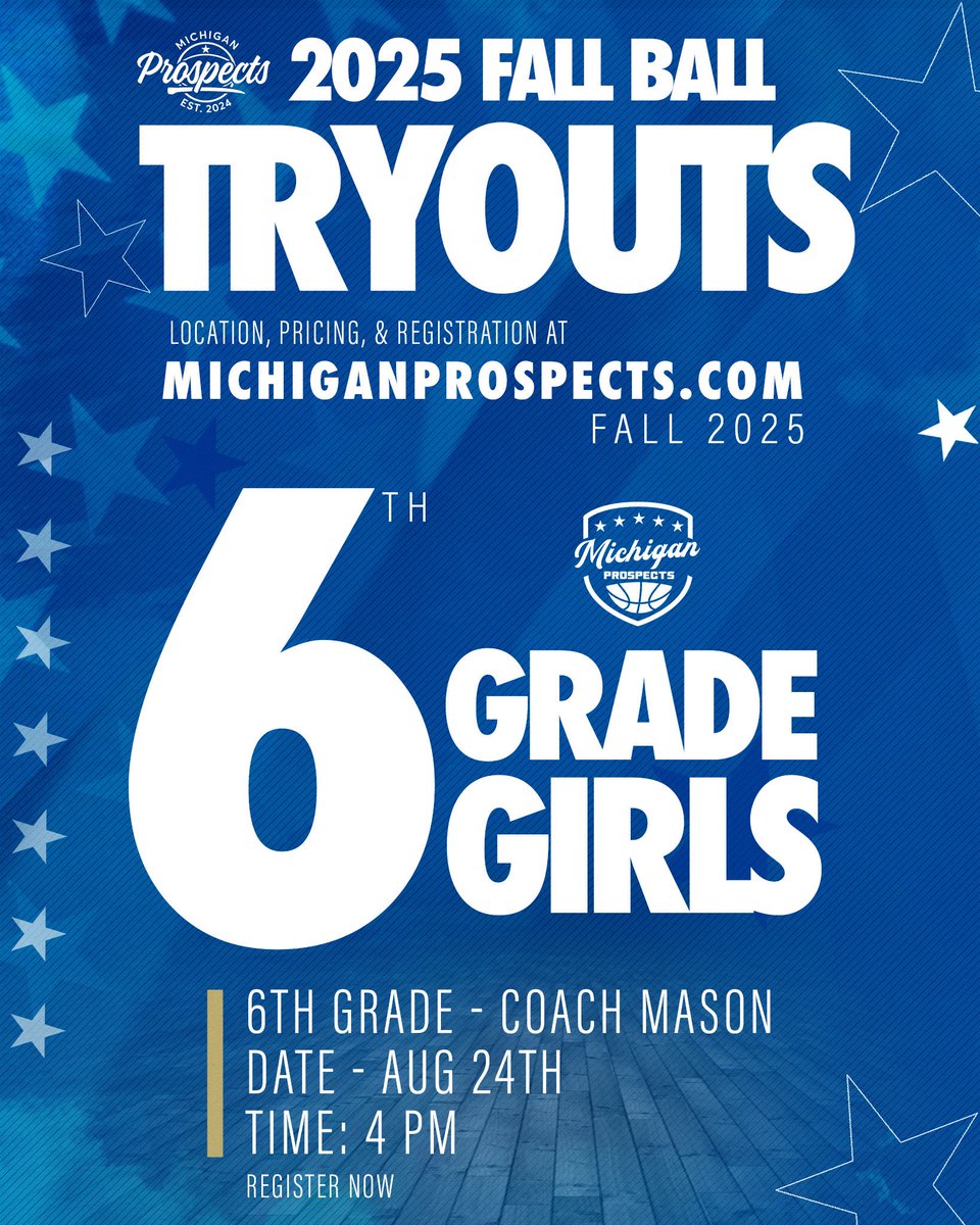 🍁Fall Ball 🏀 
6th Grade Girls 
2 games on Sundays, Starting Sept 14th
<a href="/MIprospects/">MichiganProspects</a> 

michiganprospects.com/tryouts-2/
