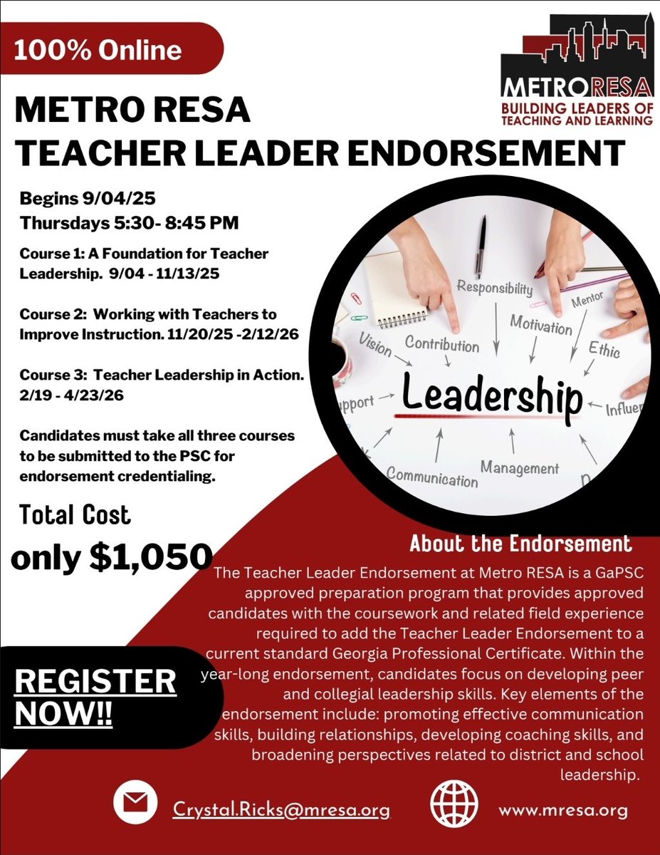 We are excited to offer the 2025-2026 Teacher Leader Endorsement to a new cohort of aspiring Teacher Leaders! Candidates may register via the link👉  bit.ly/MRESATLE26