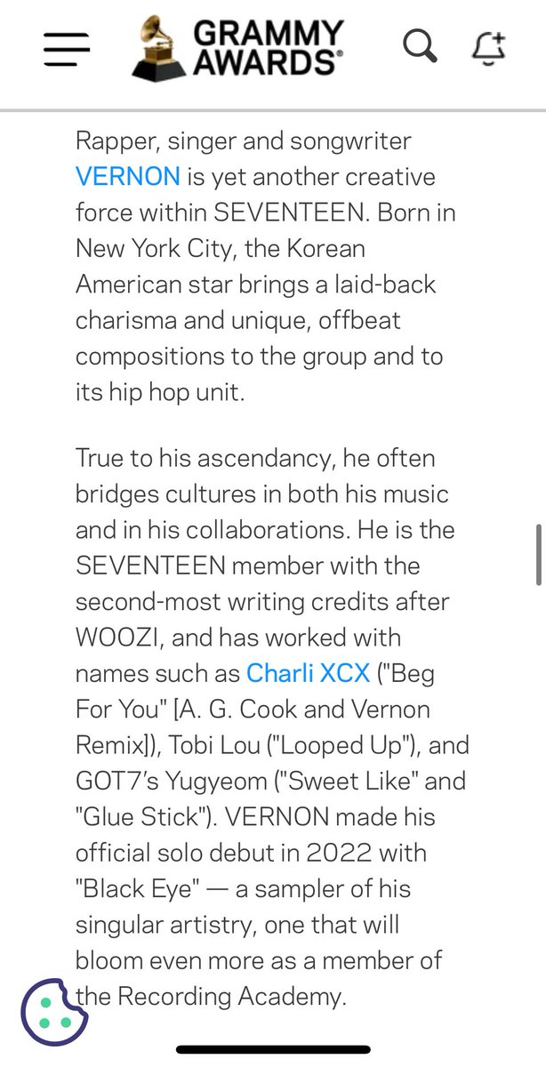 chweposts's tweet photo. the Recording Academy’s description for Vernon #버논 

“..a sampler of his singular artistry, one that will bloom even more as a member of the Recording Academy.”

“Rapper, singer and songwriter VERNON is yet another creative force within SEVENTEEN. Born in New York City, the Korean American star brings a laid-back charisma and unique, offbeat compositions to the group and to its hip hop unit.”

“True to his ascendancy, he often bridges cultures in both his music and in his collaborations. He is the SEVENTEEN member with the second-most writing credits after WOOZI..”