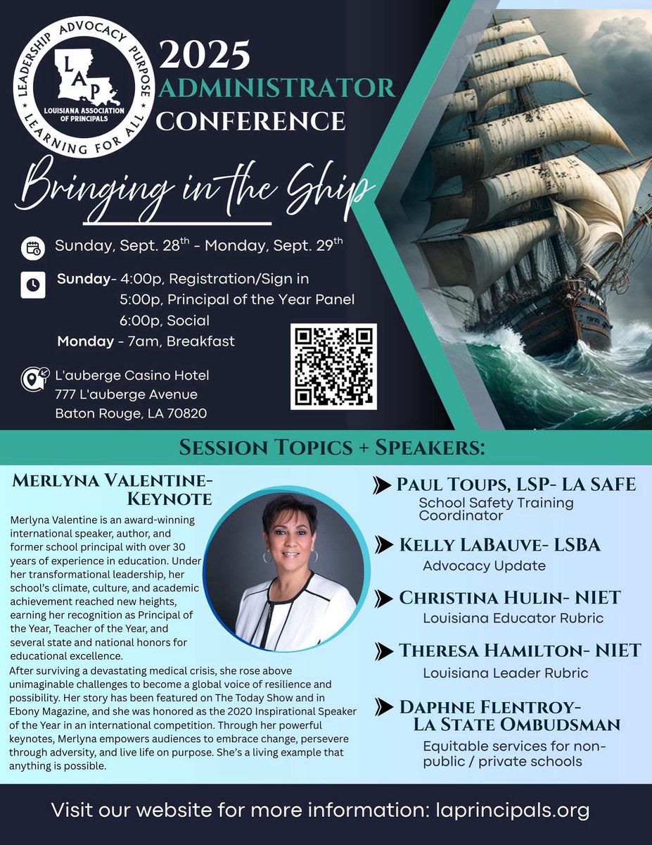 ⚓️ Join us Sept 28–29 in Baton Rouge for the 2025 Administrator Conference: Bringing in the Ship!
🌟 Keynote by Merlyna Valentine + powerful sessions you won’t want to miss.
👉 Register: laprincipals.org

#WeLeadLA #BringingInTheShip