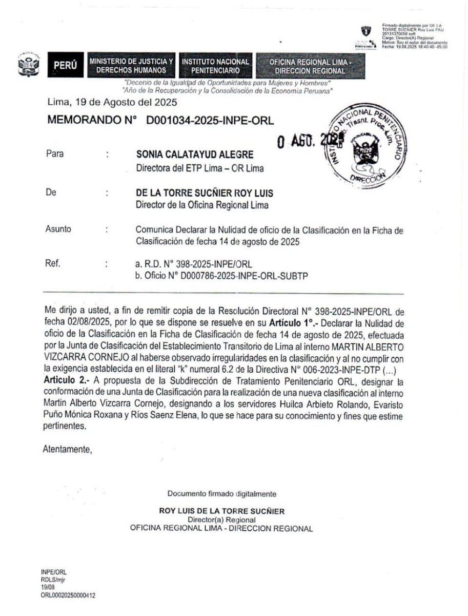 La directiva 006-2023-INPE-DTP utilizada para señalar que Vizcarra no tiene el puntaje para ir al penal de Barbadillo no tiene entre sus alternativas al penal de Barbadillo. ¿Cómo clasificaron a los otros expresidentes?