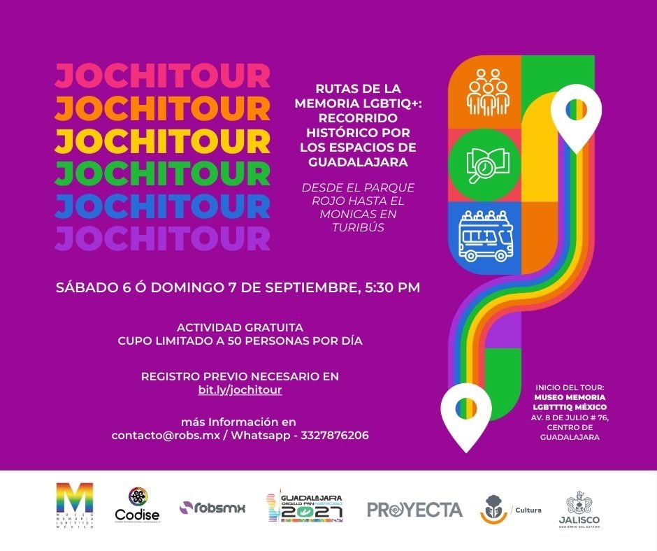 En Guadalajara tendremos el #Jochitour un recorrido histórico por los espacios LGBT+, lo que fueron y lo que son ahora, de como se vivió y vivimos la vida, la lucha y la diversión en esos lugares. Organiza <a href="/robsmx/">Rob Hernandez</a> <a href="/CODISE_AC/">CODISE A.C.</a> Museo Memoria LGBT y otres con apoyo de <a href="/CulturaJalisco/">Cultura Jalisco</a>