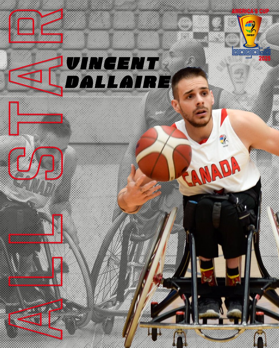WCBballCanada's tweet image. ⭐Americas Cup All-Star ⭐

Shoutout to Senior Men's National Team captain, Vincent Dallaire, named a tournament All-Star at the 2025 IWBF Americas Cup! 

#Wheelchairbasketball | #TeamCanada | #americascup | #ACWB2025
