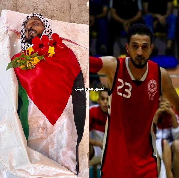 Ieri si sono tenute le esequie del giocatore della nazionale palestinese di pallacanestro e stella del club locale Mohammad Sha‘lan, ucciso dalle forze di  israeliane mentre cercava di ottenere cibo a 
#KhanYounis.🙏
👹