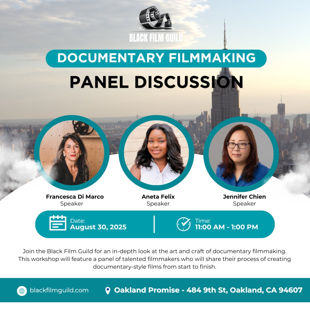 For all aspiring filmmakers interested in learning how to create impactful documentaries from start to finish — this panel is for you!

Sign Up Here: shorturl.at/G7GxE

Oakland Promise – 484 9th St, Oakland, CA 94607
August 30, 2025 | 11:00 AM – 1:00 PM