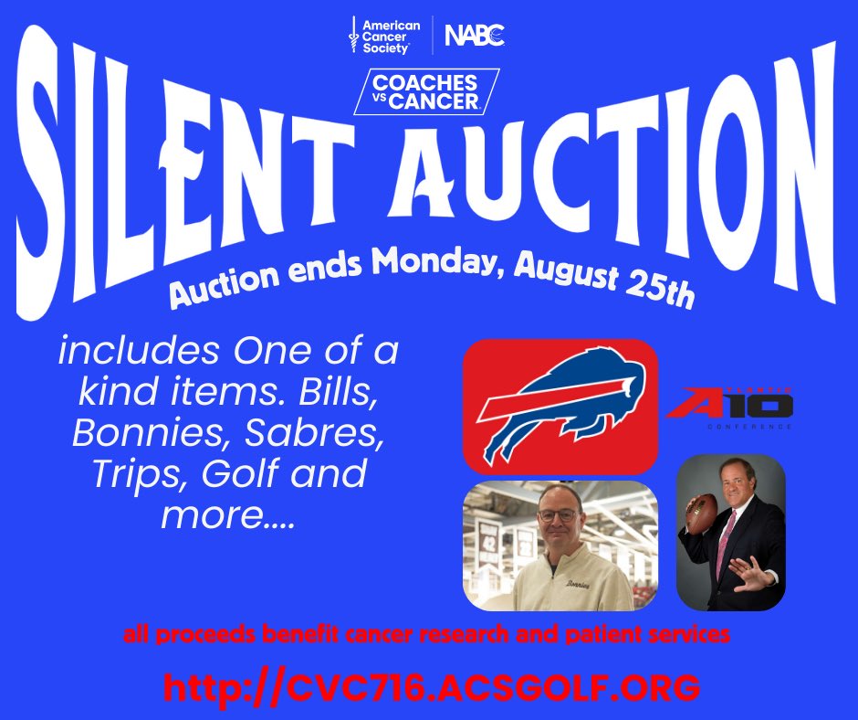 Coaches vs. Cancer-Upstate NY (@cvcupstateny) on Twitter photo Silent Auction for our 716 Golf Classic event is live! Some unreal packages for <a href="/BonniesMBB/">Bonnies Men's Basketball</a> fans! Burton Burgers with <a href="/wojespn/">Adrian Wojnarowski</a>! Play Bartlett CC with Coach Schmidt! Fort Myers Tipoff tickets and more!!
Bid here- cvc716.acsgolf.org
Ends Monday 8/25 Silent Auction for our 716 Golf Classic event is live! Some unreal packages for <a href="/BonniesMBB/">Bonnies Men's Basketball</a> fans! Burton Burgers with <a href="/wojespn/">Adrian Wojnarowski</a>! Play Bartlett CC with Coach Schmidt! Fort Myers Tipoff tickets and more!!
Bid here- cvc716.acsgolf.org
Ends Monday 8/25