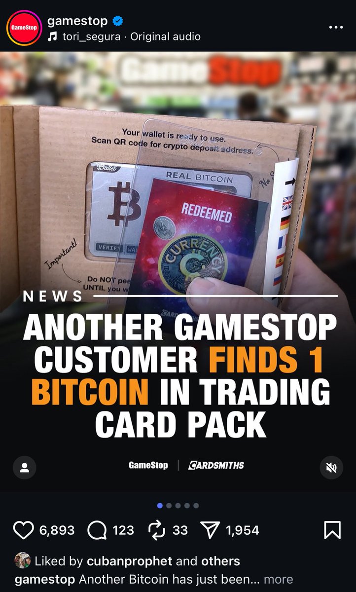 Another GameStop customer just found 1 Bitcoin in a trading card pack.

At today’s price, that’s over $114,000 from a single pack. 🃏💰 $GME