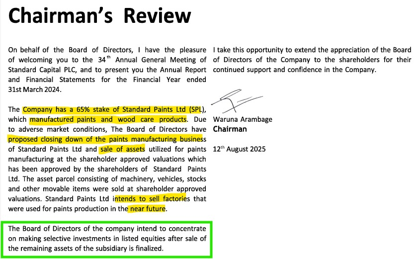 Channa_Amare's tweet photo. #SING seems to be a shell company now, with plans to sell dormant factories and engage in share trading
Intent to enter can manufacturing also mentioned in recently released FY24 A/R
But buyers can emerge for #CSE-listed shell companies, as we saw with #CPRT in Nov 2024
#lka https://t.co/YWTilj2sDi
