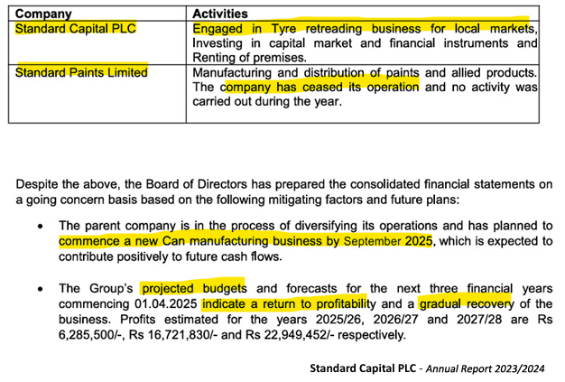 Channa_Amare's tweet photo. #SING seems to be a shell company now, with plans to sell dormant factories and engage in share trading
Intent to enter can manufacturing also mentioned in recently released FY24 A/R
But buyers can emerge for #CSE-listed shell companies, as we saw with #CPRT in Nov 2024
#lka https://t.co/YWTilj2sDi