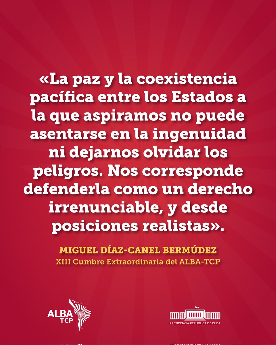 Abel Prieto (@abelprieto11) on Twitter photo <a href="/DiazCanelB/">Miguel Díaz-Canel Bermúdez</a> intervino en la Cumbre del ALBA-TCP: defender la paz y la coexistencia pacífica como un derecho irrenunciable. #NuestraAmérica <a href="/DiazCanelB/">Miguel Díaz-Canel Bermúdez</a> intervino en la Cumbre del ALBA-TCP: defender la paz y la coexistencia pacífica como un derecho irrenunciable. #NuestraAmérica