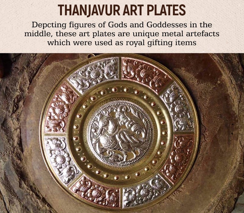 Discover the rich heritage of Thanjavur through these exquisite circular art plates! 
Crafted with precision and adorned with intricate engravings of deities, these metal artefacts were once cherished as royal gifts.