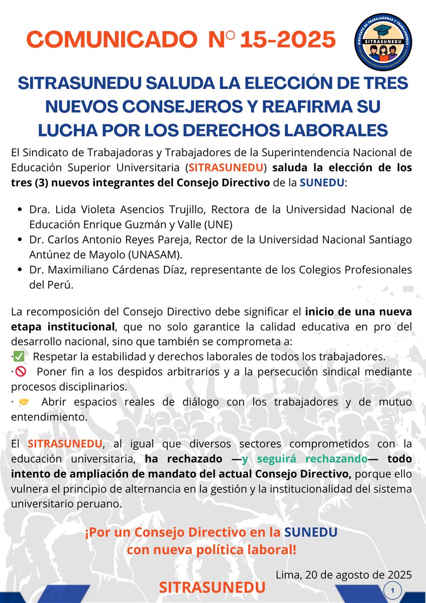 Saludamos la elección de tres nuevos consejeros de la <a href="/SuneduPeru/">Sunedu</a>, rechazamos cualquier intento de ampliación de mandato del actual Consejo Directivo y nos reafirmamos en la defensa de los #DerechosLaborales. #Peru #universidades #Estudiantes
