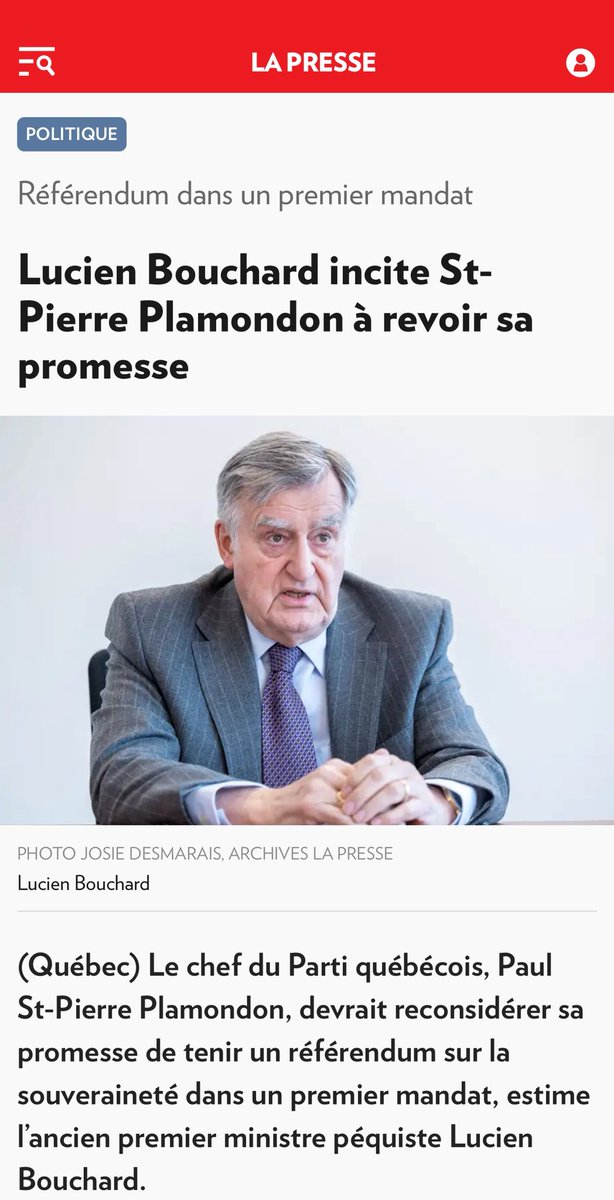 E_Duhaime's tweet image. Lucien Bouchard a raison.

Paul St-Pierre Plamondon doit reculer sur son engagement de tenir un référendum dans un premier mandat.

Il est totalement irresponsable de vouloir plonger le Québec dans un troisième référendum perdant.

Nous avons déjà de gros défis avec nos échanges