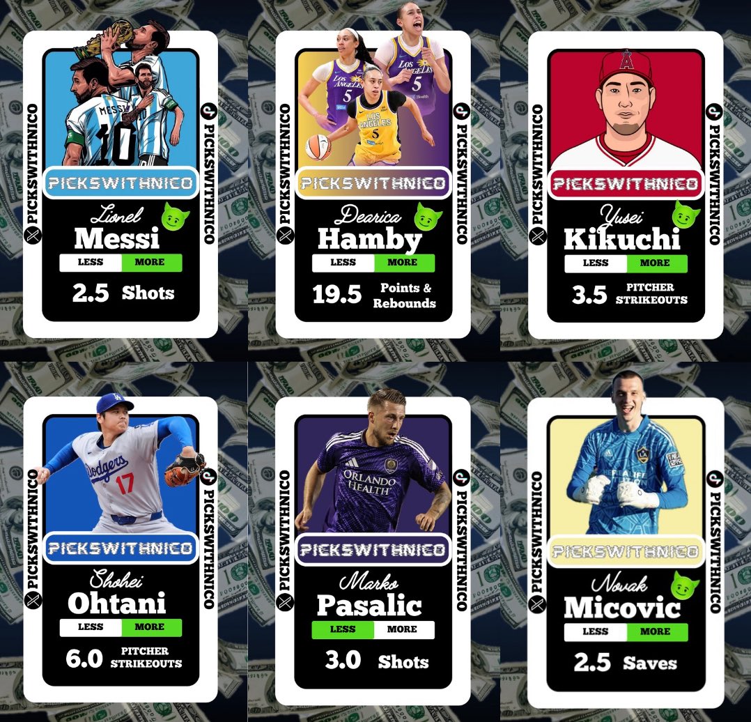 pickswithnico's tweet photo. ⭐️MIXED PLAYER PROPS⭐️
⚽️LIONEL MESSI 2.5 SHOTS⚽️
🏀DEARICA HAMBY 19.5 PR🏀
⚾️YUSEI KIKUCHI 3.5 STRIKEOUTS⚾️
⚾️SHOHEI OHTANI 6.0 STRIKEOUTS⚾️
⚽️MARKO PASALIC UNDER 3.0 SHOTS⚽️
⚽️NOVAK MICOVIC 2.5 SAVES⚽️
#mlbprop #soccerprop #potd #mlbslips #soccerslips https://t.co/8zECmgOANb