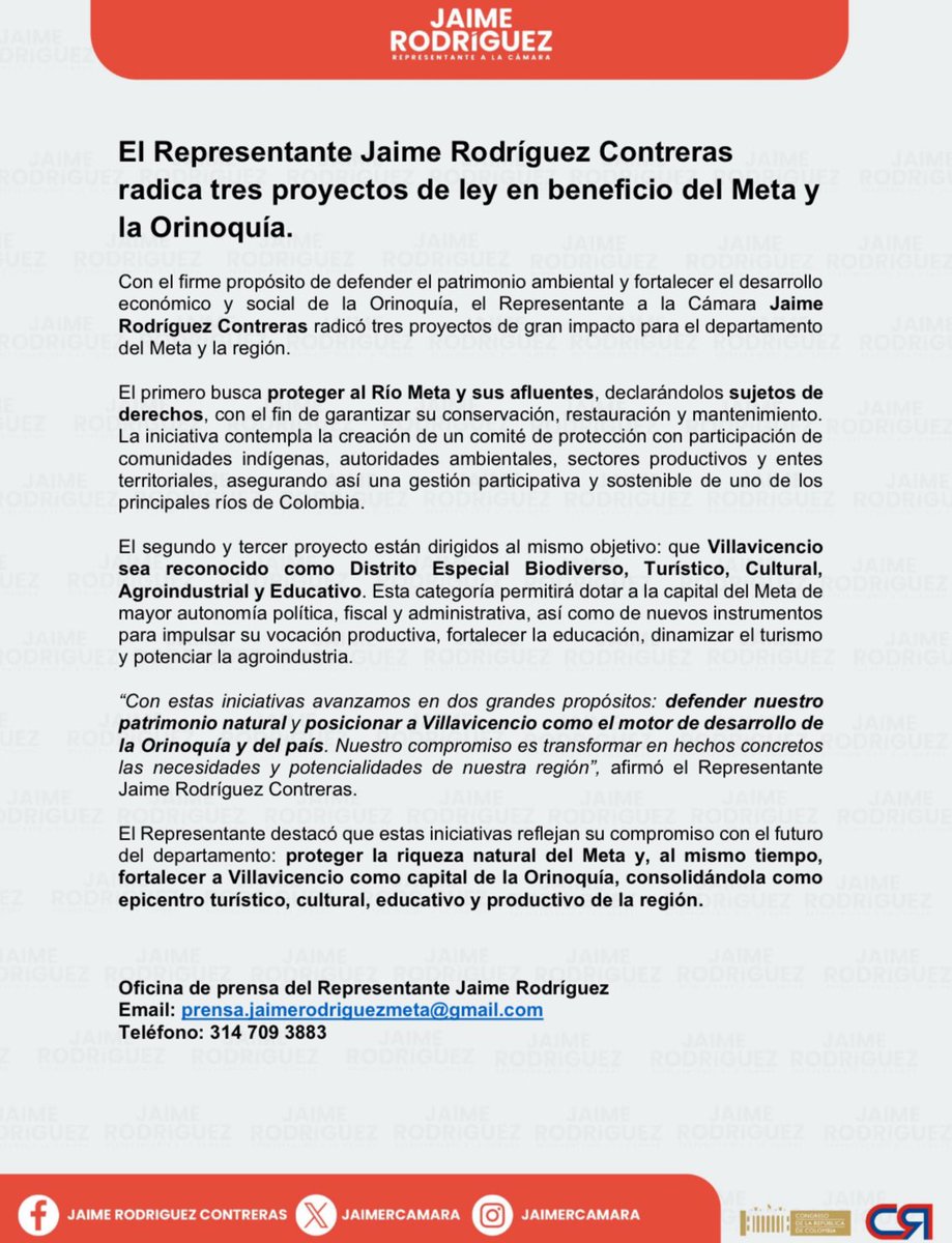 Radicamos tres Proyectos de Ley con un propósito claro: proteger la riqueza natural del Meta y fortalecer a Villavicencio y la Orinoquía como motores de desarrollo para Colombia.

Nuestro compromiso es transformar las necesidades y potencialidades de la región en hechos