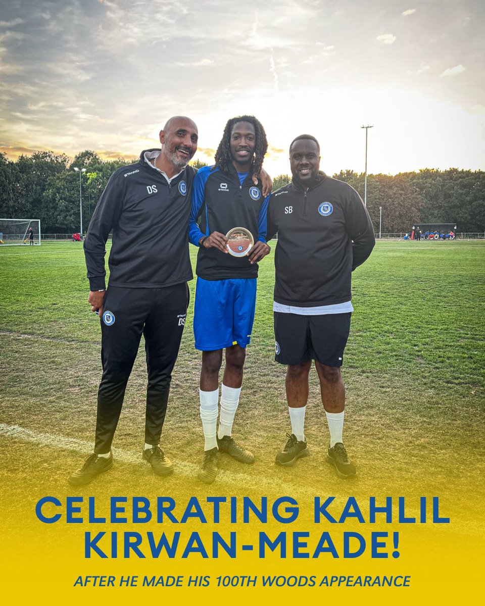 Prior to kick off in last night's epic <a href="/EmiratesFACup/">Emirates FA Cup</a> victory, Shane Baptiste and Dee Safer presented Kahlil Kirwan-Meade with a commemorative trophy, marking 1️⃣0️⃣0️⃣ appearances for Woodford Town FC!

Congratulations on the achievement, <a href="/officialkm__/">KM</a>! 💛💙