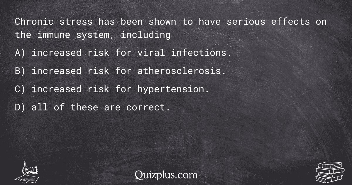 quizplus_exams's tweet image. Chronic stress has been shown to have serious effects on the immune system, including

Get Answer: 👉 quizplus.com/quiz/144844-qu…

#VirtualClassroom #SouthernCrescentTechnicalCollege #students