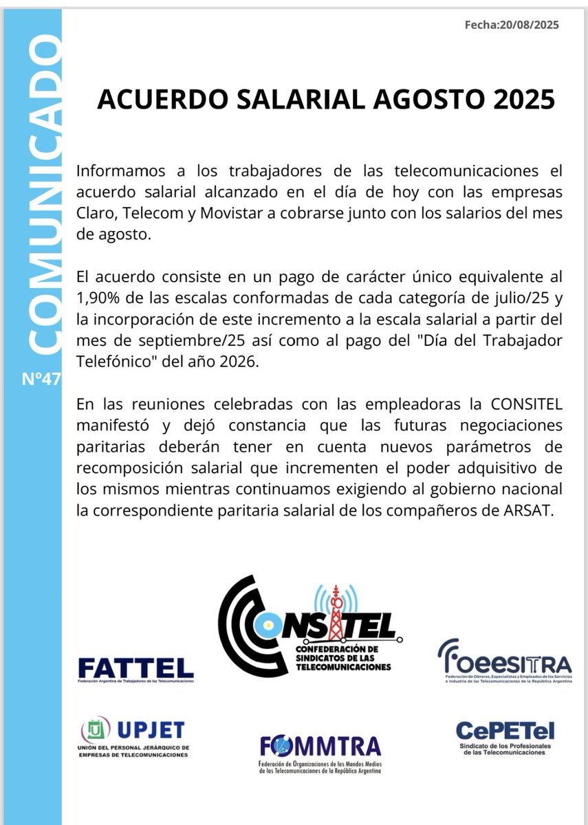 COMUNICADO DE CONSITEL 
Nuevo acuerdo salarial para agosto