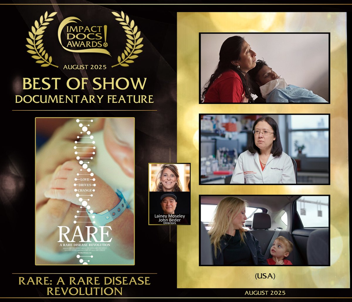 Congrats to Doc Feature Best of Show winners – Emmy-winner Lainey Moseley &amp; Emmy-nominee John Beder for their doc feature RARE: A Rare Disease Revolution, a powerful look at families battling rare diseases. ImpactDOCSAwards.com
