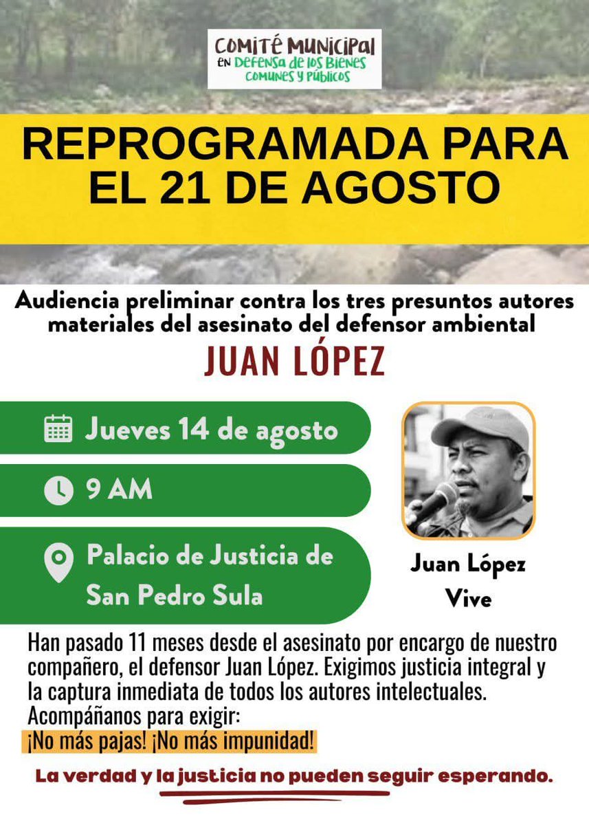 🗣️🗣️ Es mañana Jueves 21 de Agosto 👇
📢📢Audiencia preliminar contra las tres personas acusadas de ser los autores materiales del asesinato de nuestro compañero Juan López
📌Jueves 21 de agosto | 9AM
📌 Palacio de Justicia de SPS 
¡Acompáñanos para exigir #JusticiaParaJuanLopez