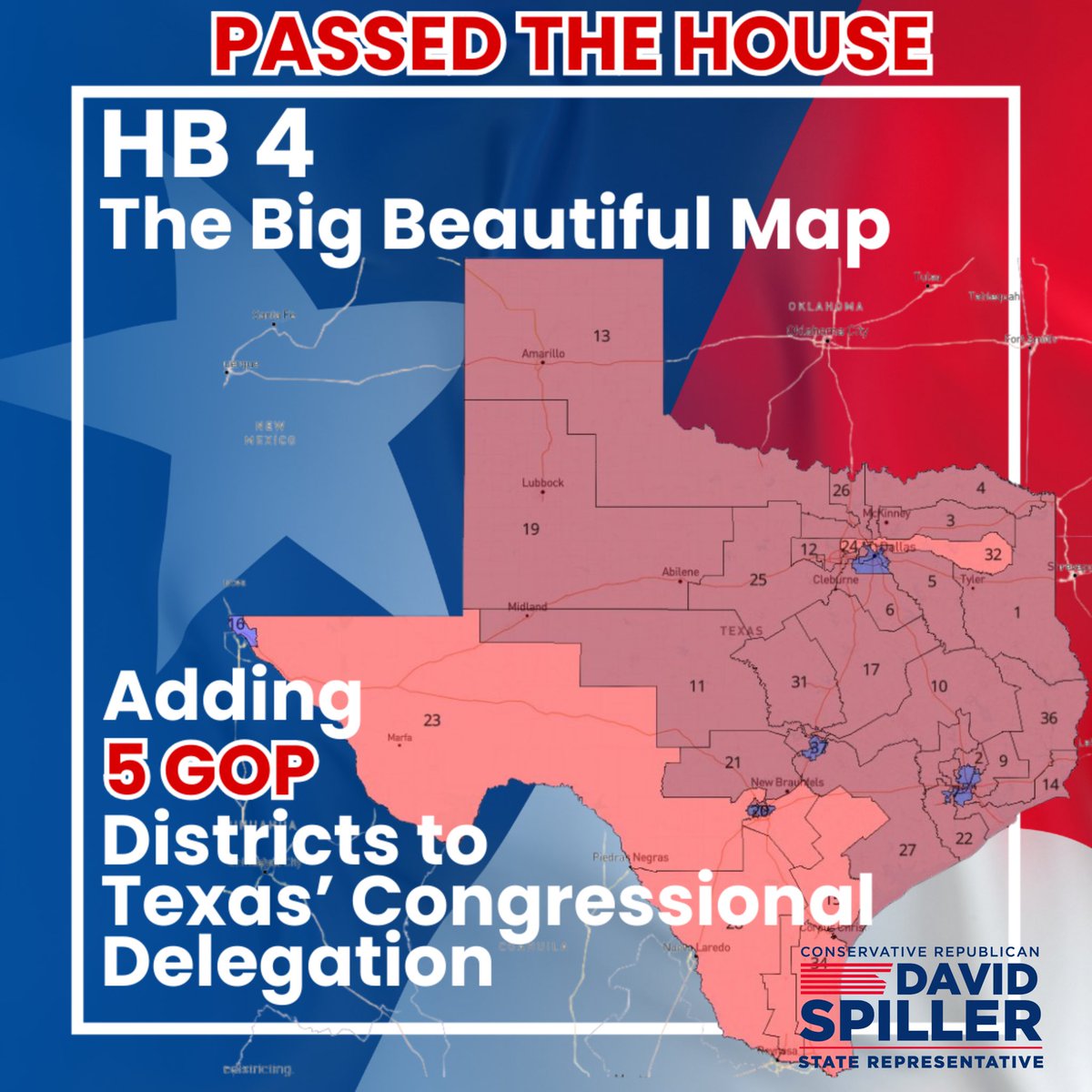 Pleased and proud to have been able to work with Chairman <a href="/cvasut/">Cody Vasut</a> , HB4 Author <a href="/toddahunter/">Todd Hunter</a> and the other Republican members of the Texas House Select Committee on Congressional Redistricting to pass this bill in the House. It's a bill that meets all constitutional and legal