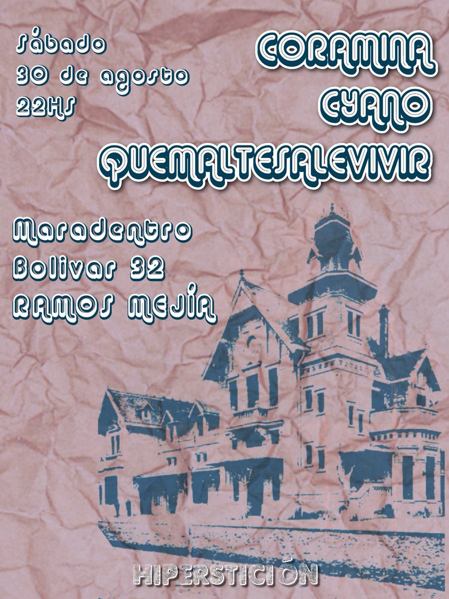 RAMOS MEJÍA próxima fecha en vivo. Compartimos con dos BANDAZAS. <a href="/coraminaaa/">Coramina</a> y Que Mal Te Sale Vivir. Tocamos todos temas nuevos y cadáveres / ablandar (pero con arreglos nuevos que no están en la grabación). Anticipadas $2500 y 2 x $4000 al alias HIPERSTICION.