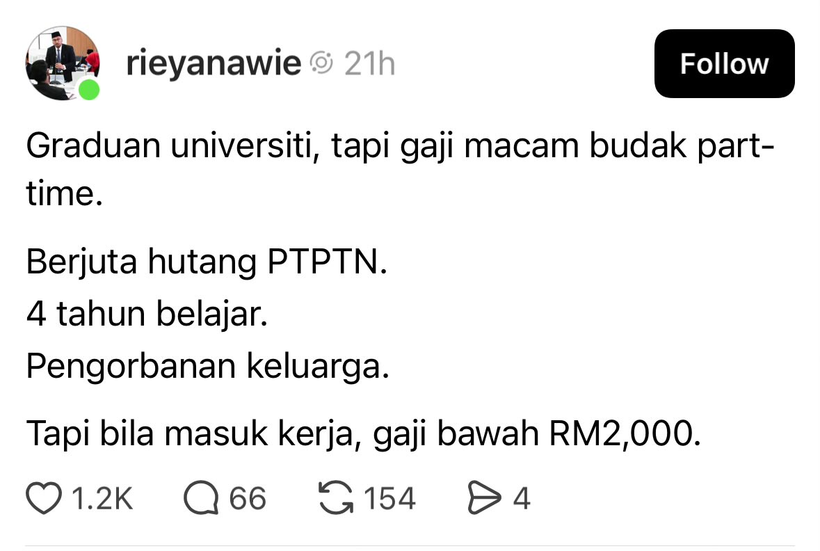 bitcoinmalaya's tweet photo. The struggle for fresh grads earning below RM2,000 will worsen with accelerating AI adoption

It is time to question the value of 3-year traditional degrees in universities and colleges 

AI is moving so fast that we can’t even afford sitting in campus for 4 years 

What do you think?