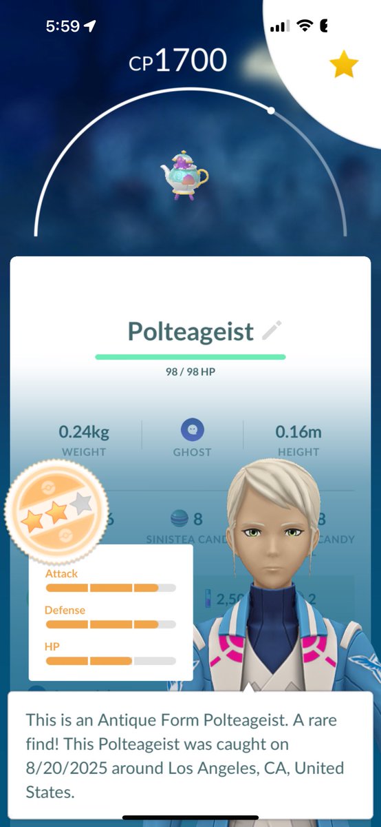 junioroxoa's tweet photo. FINALLY!! ๐ช๐ผ
Antique form secured!
๐ป ๐ต ๐ซ
#pogo #pokemon #antiqueform #sinistea #polteageist https://t.co/f7ZfVG4pGn