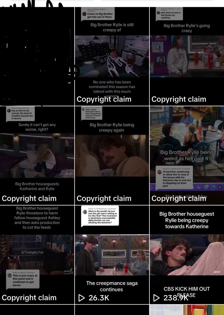 I’m shocked. On my TikTok I have been posting clips of Rylie being creepy, and they’ve been getting +100K views.

I have never heard of people getting copyright claims for posting footage from the live feeds. CBS is actively covering this up. I am sick to my stomach #BB27