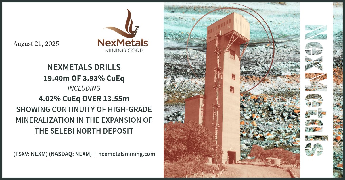 🚨 Assay Results Update – Selebi North Deposit 🚨

NexMetals (TSXV: NEXM | Nasdaq: NEXM) is pleased to report strong drill results confirming the continuity of high-grade mineralization at the Selebi North Underground (SNUG) deposit.

Highlights from Drill Hole SNUG-25-189:
 🔹