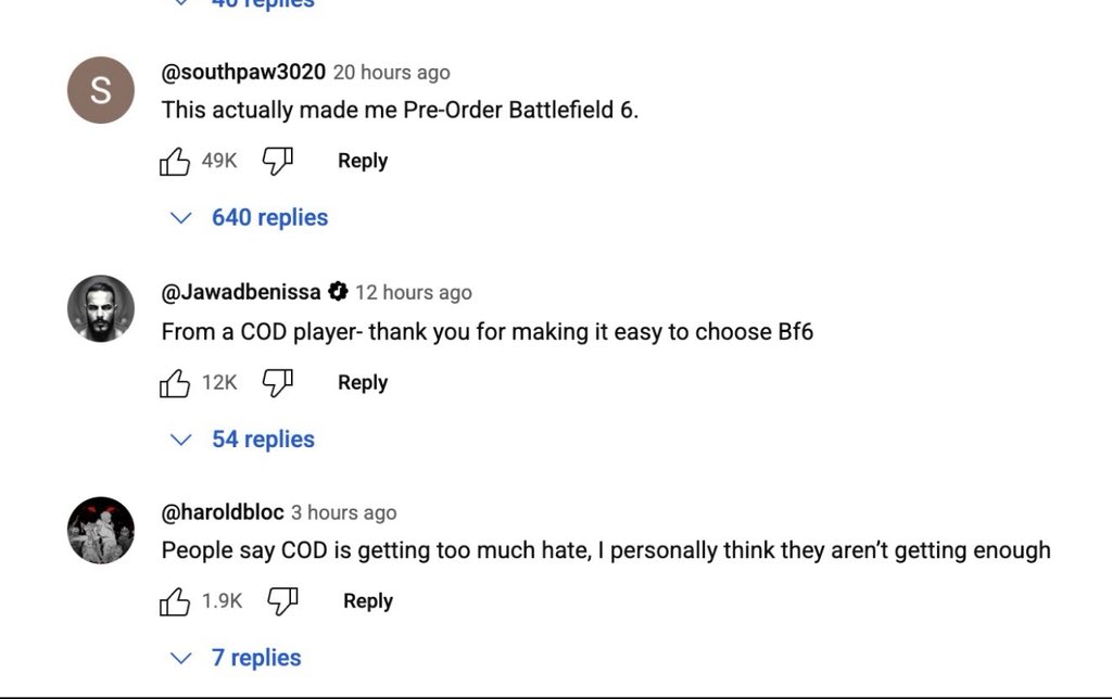 Airdebt1's tweet photo. The Call of Duty: Black Ops 7 Reveal Trailer has over 13M views on YouTube, but only 33,000 likes - one of the lowest amount of likes on COD Reveal Trailer. 

The comments are also all talking about Battlefield 6. https://t.co/9UoFWvtg7b