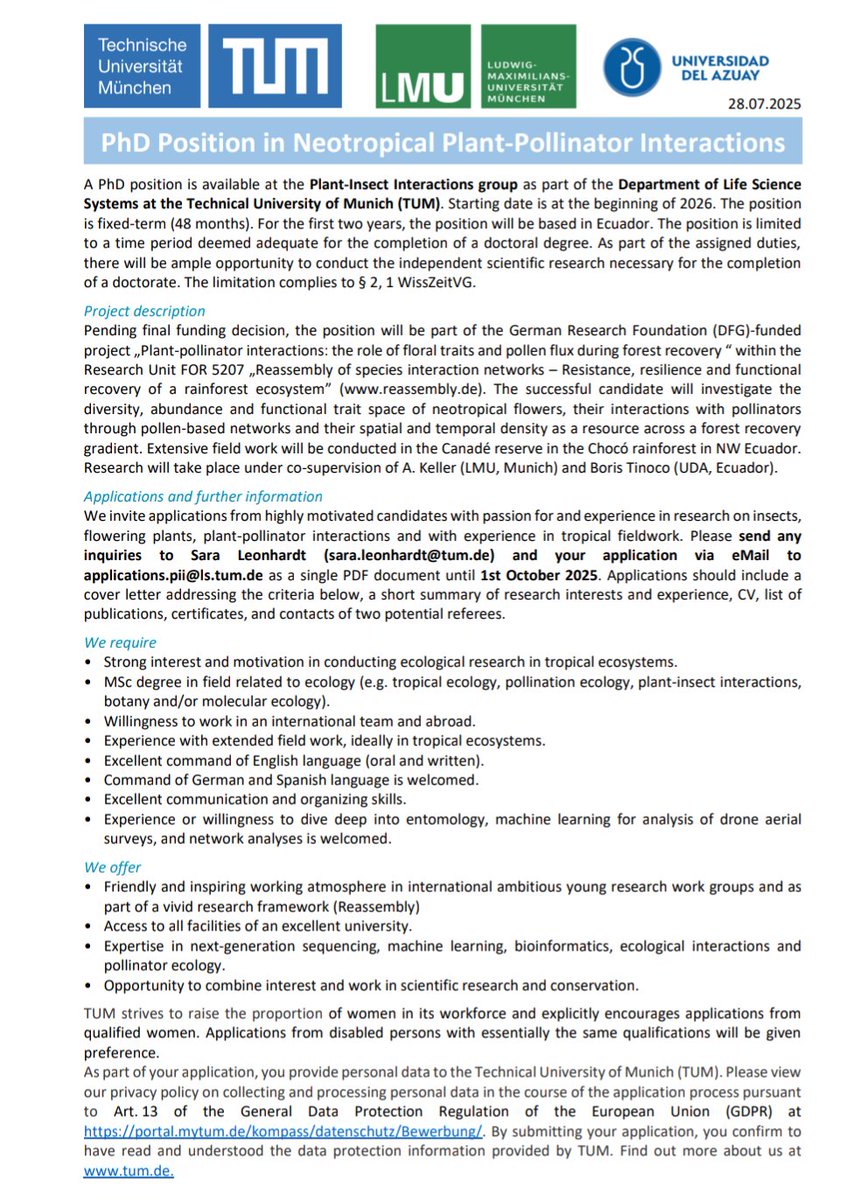 PhD Position announcement to work in the tropical forest of Ecuador studying pollination related questions. An opportunity to join a great team of international scientist!!!
