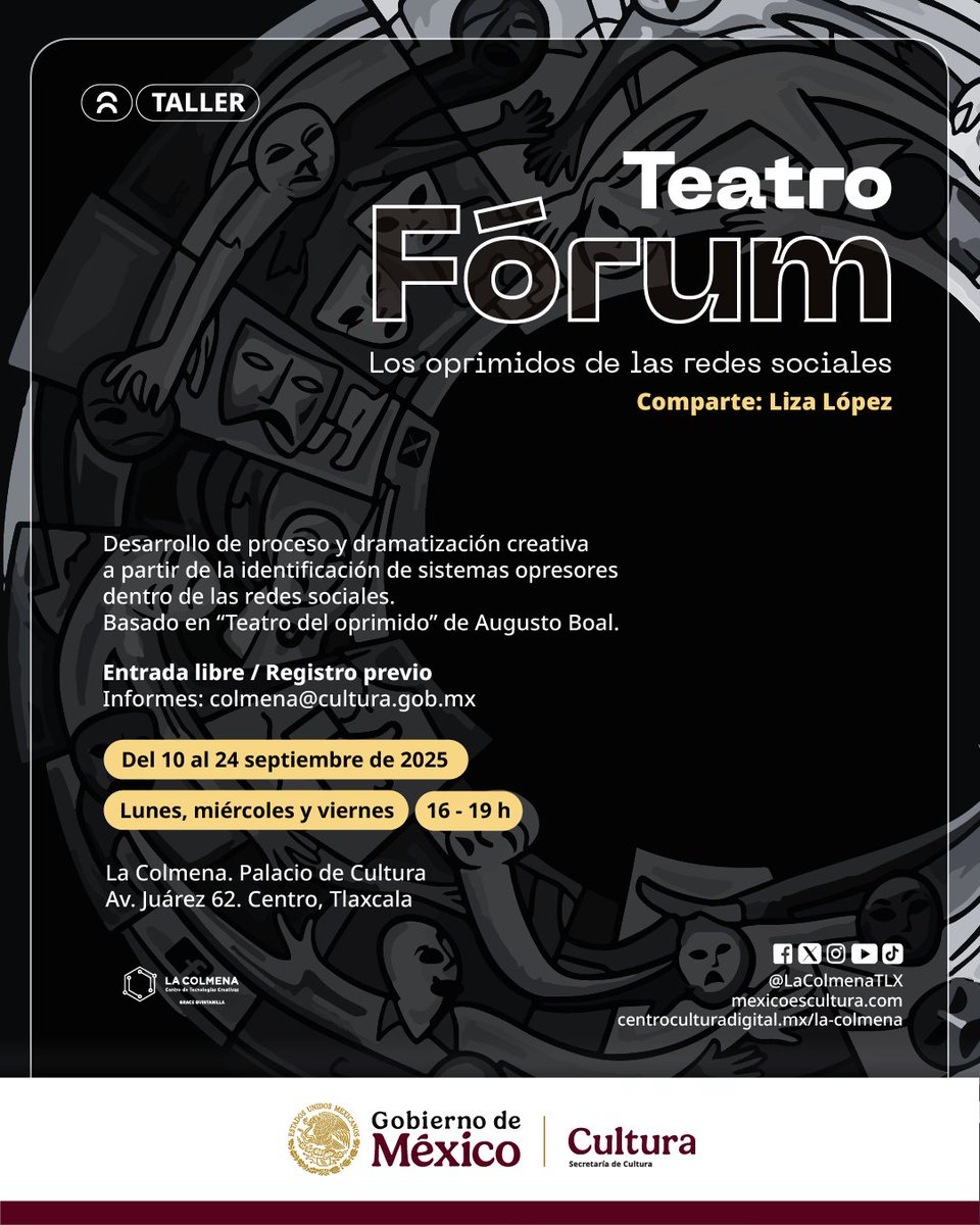 ¿Qué tanto nos oprimen las redes sociales?

El objetivo del taller es invitar a reflexionar sobre el uso consciente de la tecnología y generar, de manera colectiva, una propuesta escénica que dialogue con la comunidad.

centroculturadigital.mx/actividad/teat…