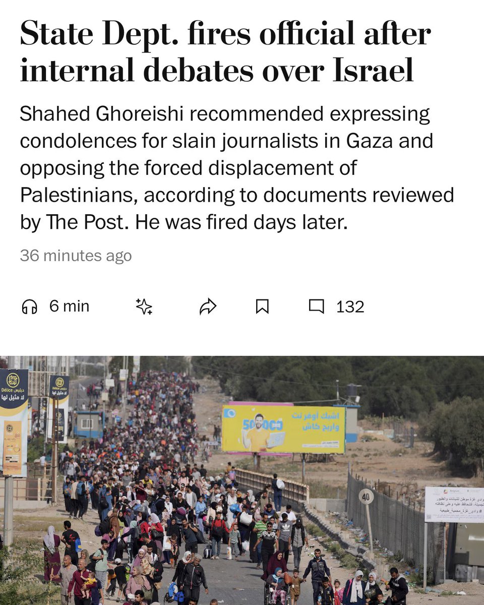 If you needed more evidence Trump has totally contracted out US policy in the Middle East to Netanyahu, look no further.

It’s now apparently a fireable offense to say America opposes forced displacement of Palestinian civilians and regrets the killings of journalists. Shameful.