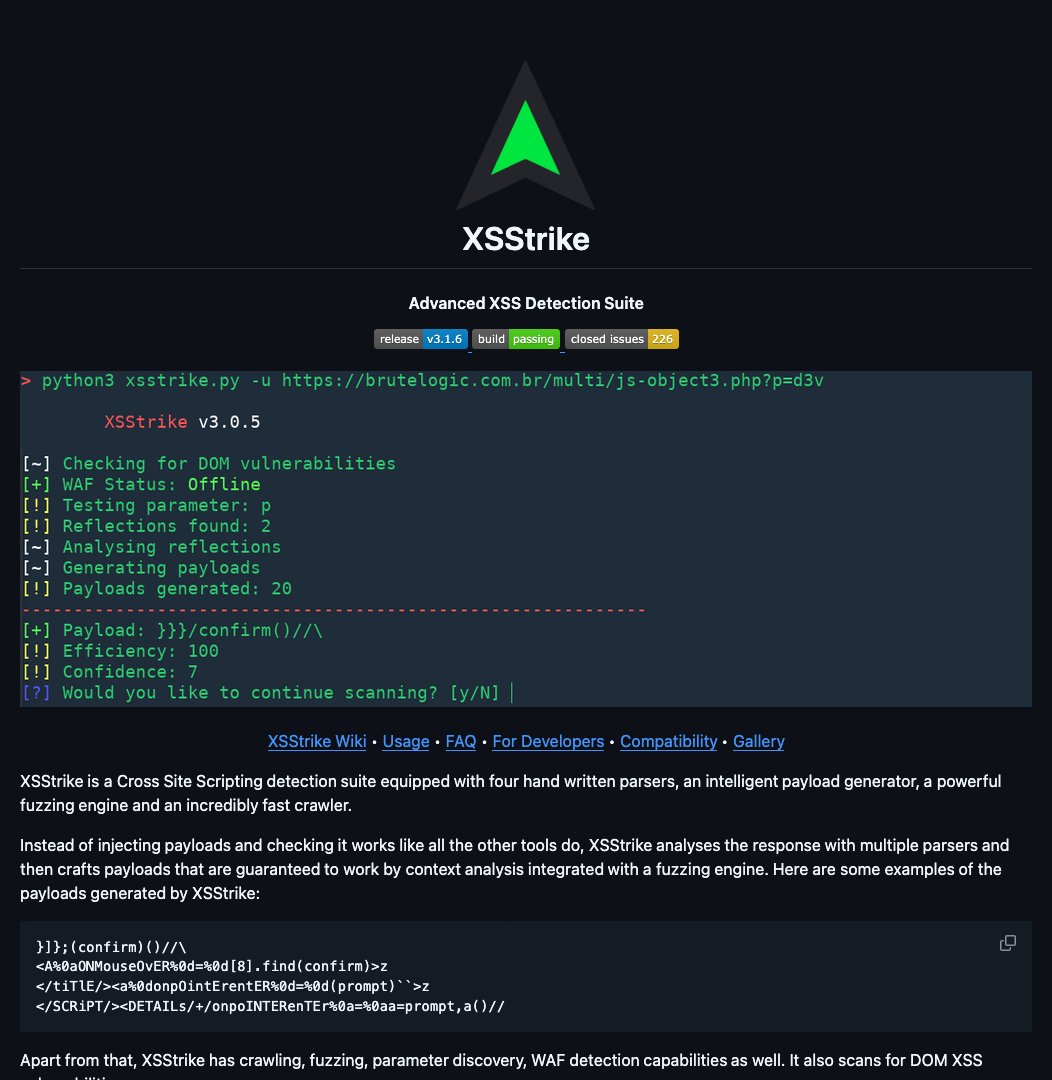 D4Vinci1's tweet image. XSStrike by @s0md3v
Discover & exploit #XSS vulnerabilities with #XSStrike, the advanced #CrossSiteScripting detection suite featuring hand-written parsers, intelligent payload generator & powerful fuzzing engine! #cybersecurity #bugbounty #pentesting