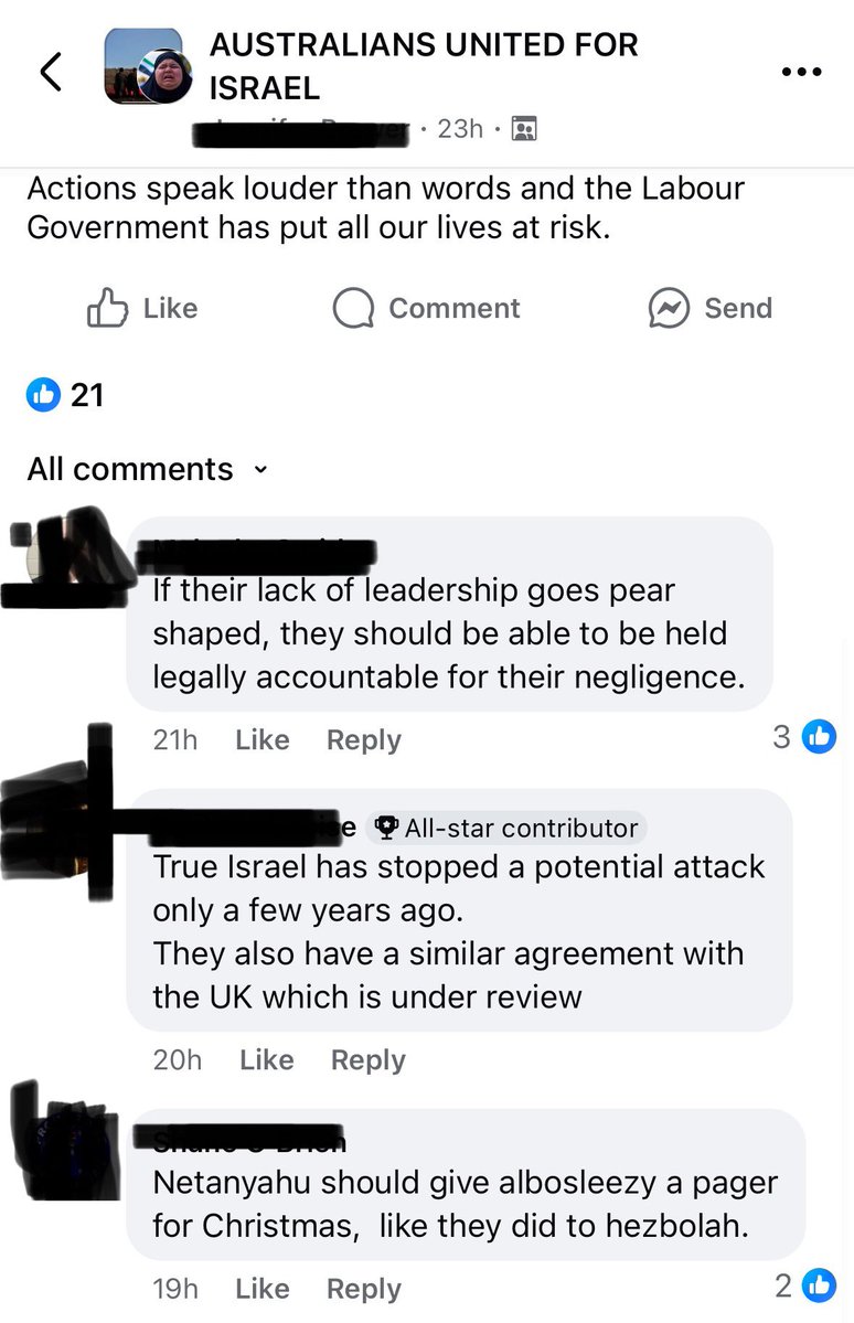 Alternate Media Watchers (@altmediawatch) on Twitter photo This is a private Zionist FB group saying it would be “justice” for Albo, Wong & Burke to “meet a suicide bomber” & that Netanyahu should send the PM a pager.
This group includes pro-Israeli lobbyists like <a href="/AlexRyvchin/">Alex Ryvchin</a>, <a href="/LeiblerMark/">Mark Leibler</a>, <a href="/DrDavidAdler1/">Dr David Adler</a> & Robert Gregory as members. This is a private Zionist FB group saying it would be “justice” for Albo, Wong & Burke to “meet a suicide bomber” & that Netanyahu should send the PM a pager.
This group includes pro-Israeli lobbyists like <a href="/AlexRyvchin/">Alex Ryvchin</a>, <a href="/LeiblerMark/">Mark Leibler</a>, <a href="/DrDavidAdler1/">Dr David Adler</a> & Robert Gregory as members.