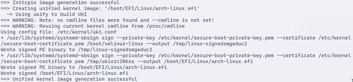 얼마 전에 Linux Secure Boot를 위해 UKI 생성/서명 스크립트를 만들어 놨었는데, 모두 정리하고 systemd-ukify로 넘어가봤다. 잘 되는 듯. 👍

다음 부팅할 때 auto-enroll도 잘 동작하는지 체크해 볼 예정.