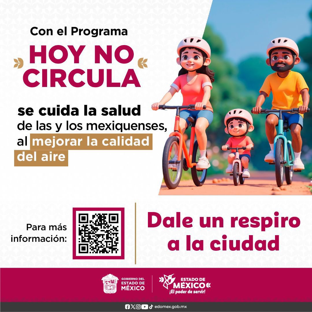 SaludEdomex's tweet photo. Para reducir la contaminación del aire, en el #EdoMex se implementa el Programa #HoyNo Circula, una restricción vehicular que limita los días que ciertos autos pueden transitar. Conoce más en:
https://t.co/by05ki6YWp
#ElPoderDeServir https://t.co/DLzmXUjxNn
