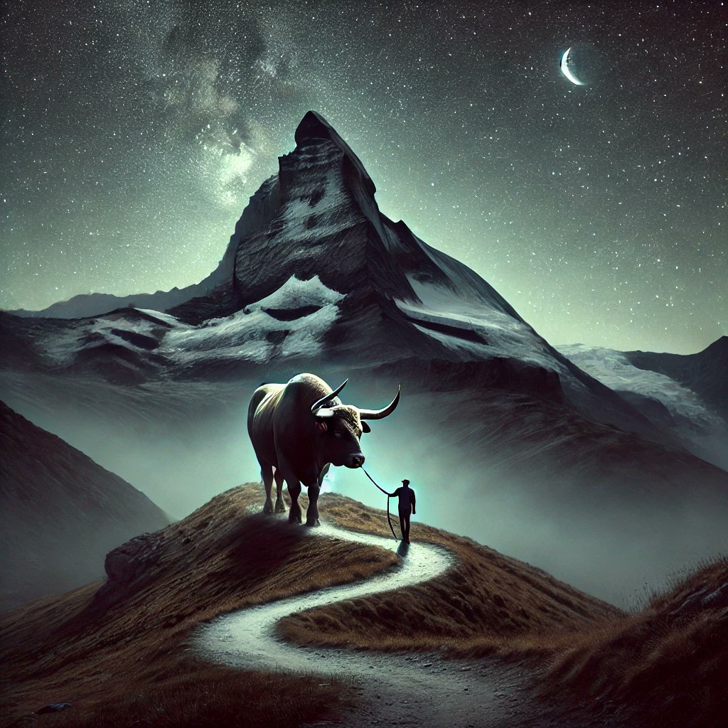 RunningSamadhi's tweet image. Riding the ox home. The path up the iron mountain is there until it isn't. Tread carefully bulls. The way is seen in the glow of the moon.