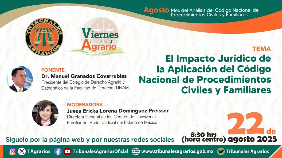 📚⚖️ Viernes de Derecho Agrario

Este 22 de agosto te invitamos a seguir nuestro programa EN VIVO:
El Impacto Jurídico de la Aplicación del Código Nacional de Procedimientos Civiles y Familiares

🎤 Ponente: 
Dr. Manuel Granados Covarrubias
       Presidente del Colegio de