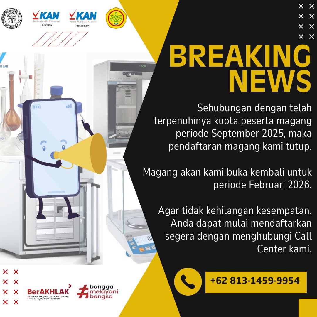 Balai Besar PPMB-TPH (@bbppmbtph) on Twitter photo Pengumuman Penting!
Pendaftaran Magang September 2025 Ditutup.
Kuota sdh terpenuhi. Pendaftaran berikutnya dibuka Februari 2026.
📞 Info: +62 813-1459-9954 
Terima kasih atas partisipasinya! 
#MagangPPMBTPH 
#InfoMagang2025 
#PPMBTPHUpdate 
#MagangFebruari2026 
#PengumumanResmi Pengumuman Penting!
Pendaftaran Magang September 2025 Ditutup.
Kuota sdh terpenuhi. Pendaftaran berikutnya dibuka Februari 2026.
📞 Info: +62 813-1459-9954 
Terima kasih atas partisipasinya! 
#MagangPPMBTPH 
#InfoMagang2025 
#PPMBTPHUpdate 
#MagangFebruari2026 
#PengumumanResmi